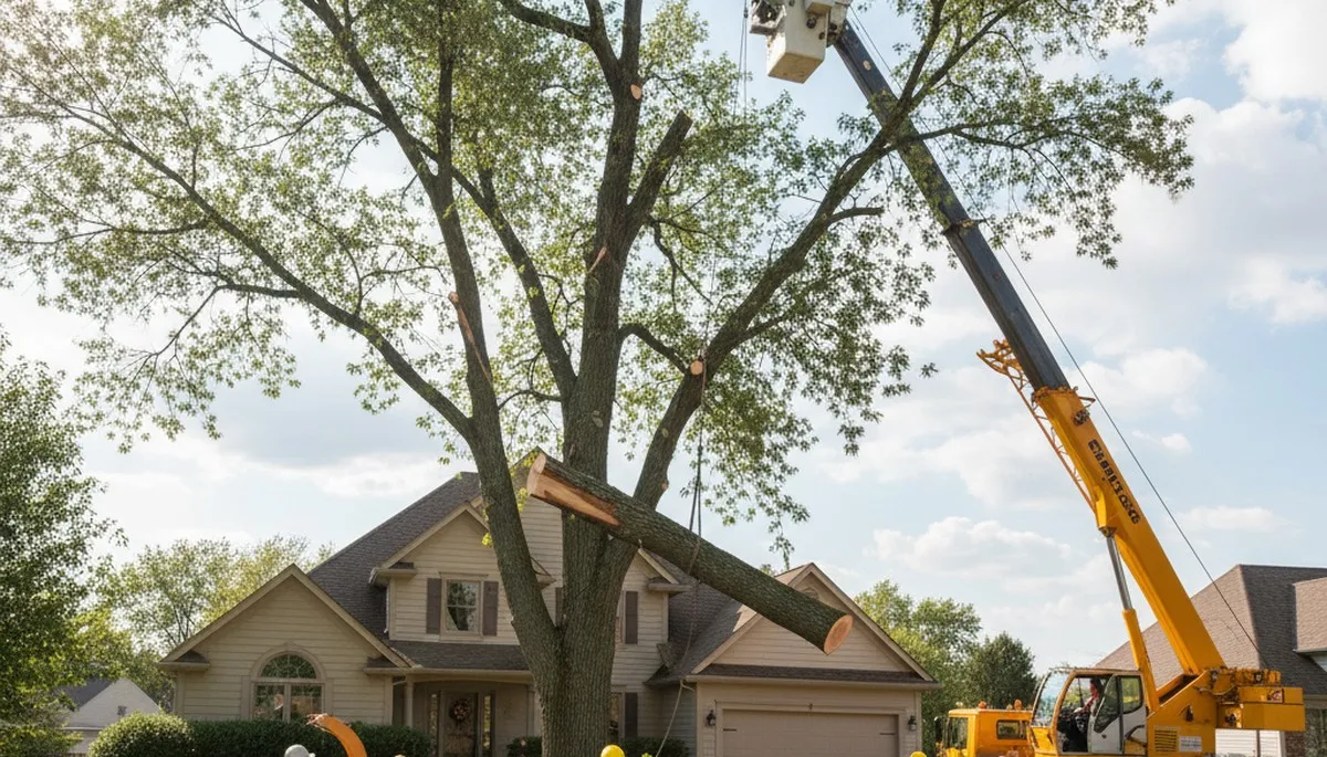 Arborists performing residential tree removal with cranes and chainsaws in Overland Park, KS