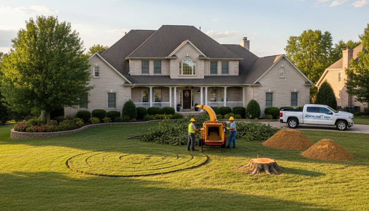 Completed tree removal and stump grinding at Overland Park, KS home with clean, restored yard