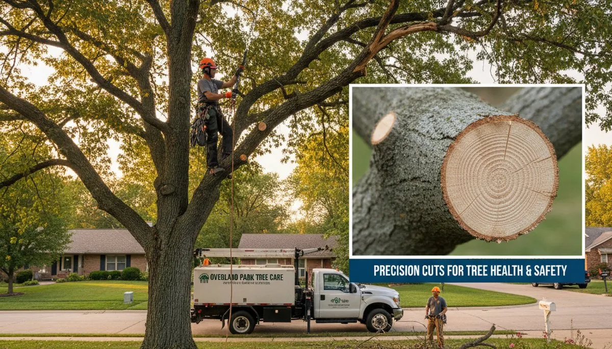 Arborist removing dead branches safely during professional tree trimming in Overland Park, KS