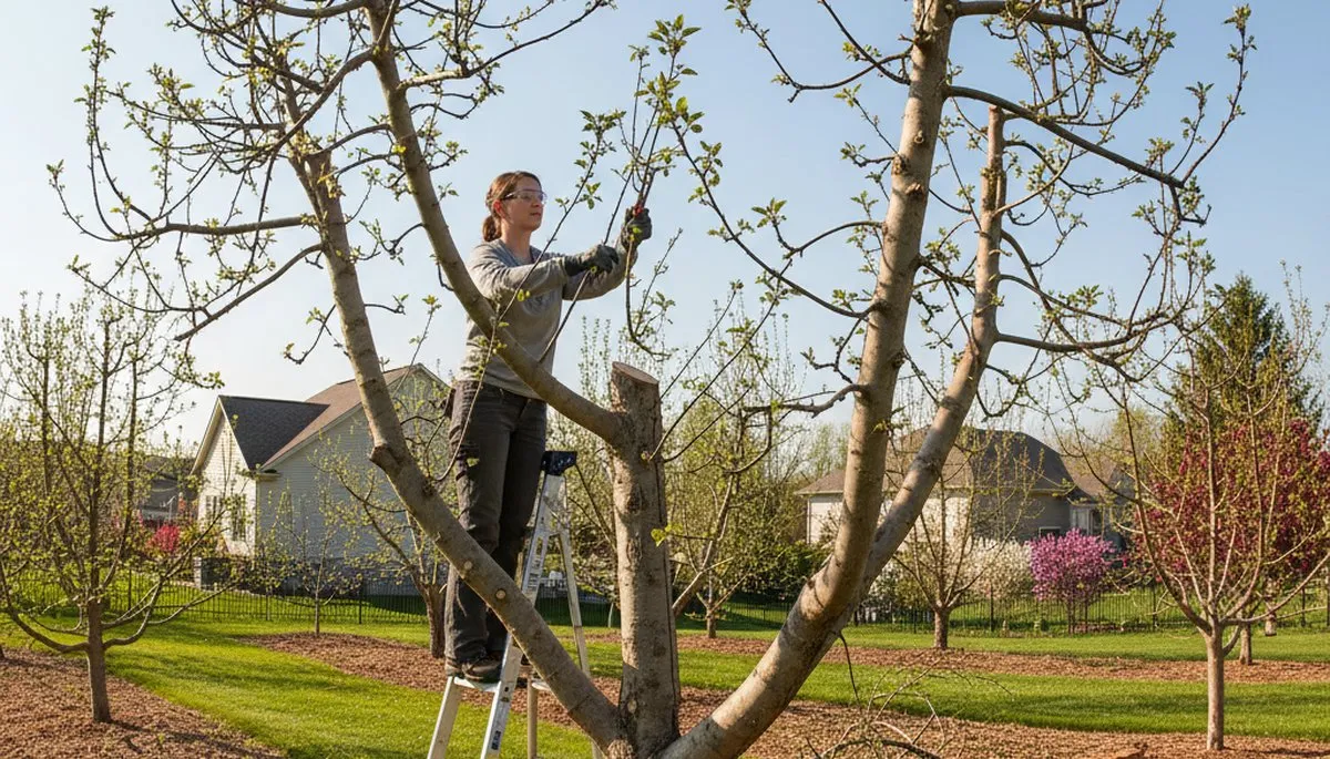 Arborist pruning fruit tree in Overland Park KS backyard orchard with professional tree service tools
