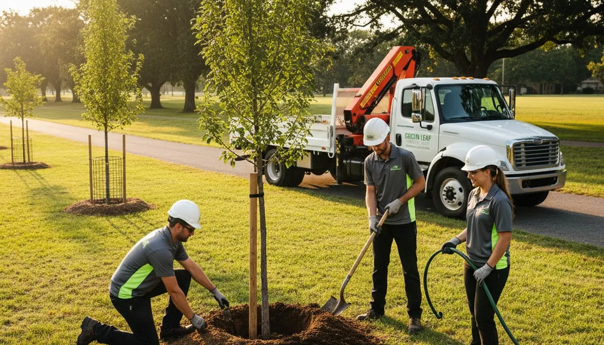 Arborist planting new tree in Overland Park KS yard for Chop Chop Tree landscaping service