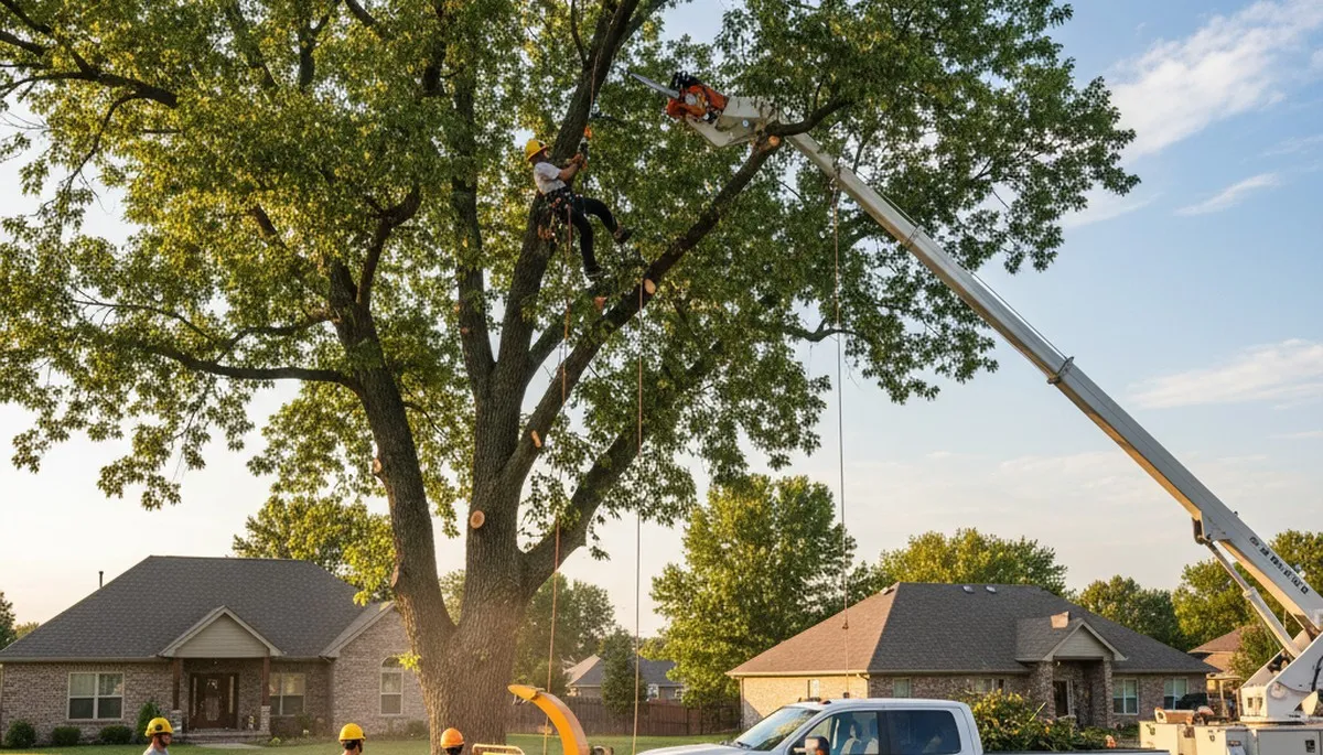Professional tree removal service in Overland Park KS safely cutting large oak near suburban home