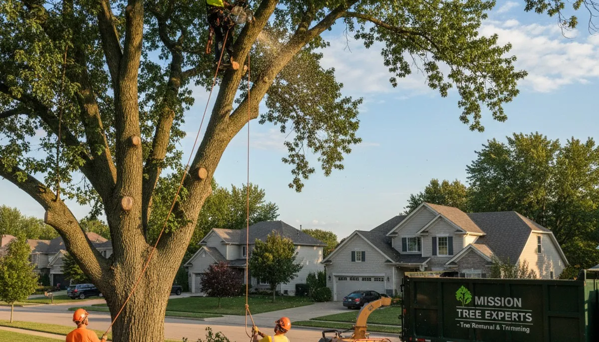 Professional tree removal service in Overland Park KS safely cutting large oak tree