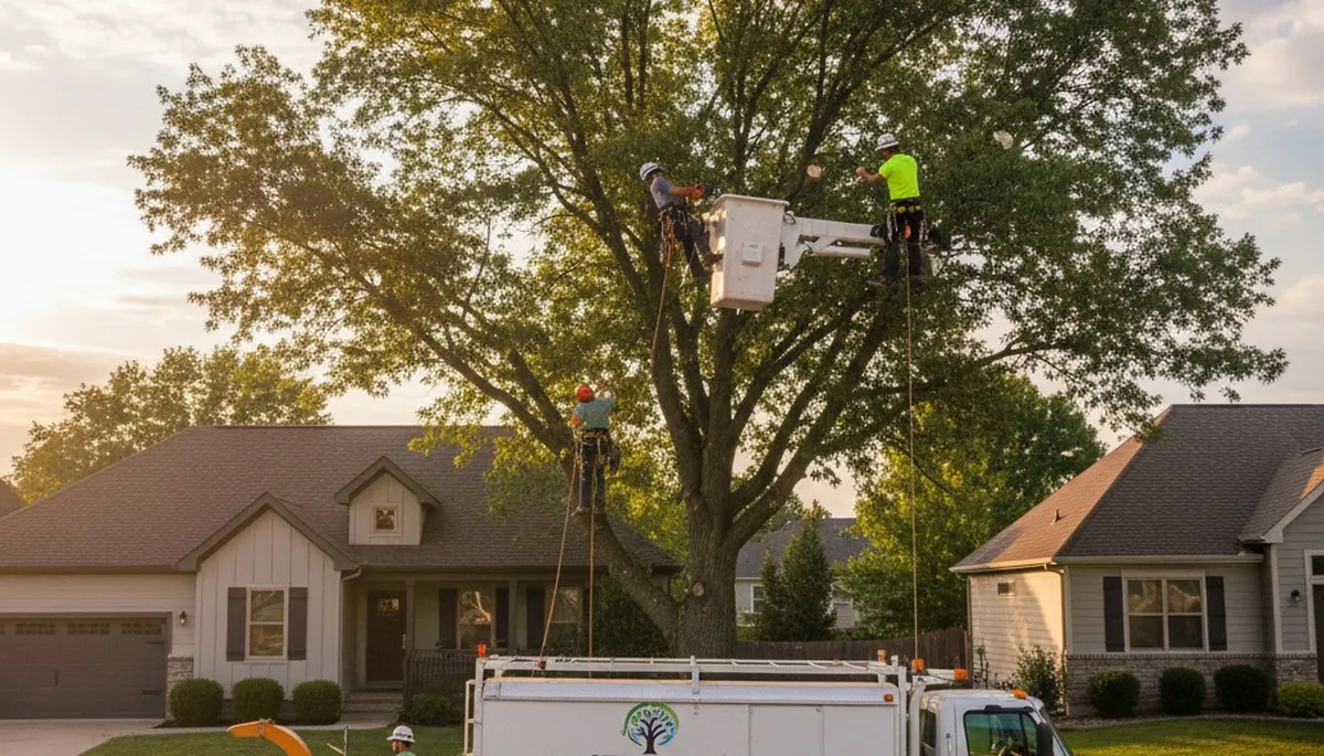 Professional tree removal service in Overland Park KS safely cutting down large oak tree